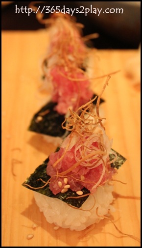 Kinki - Fatty Blue Fin Tuna with Fried Burdock Sushi