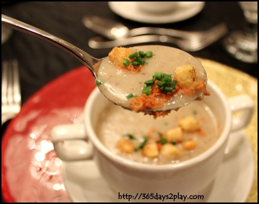 Rendezvous Hotel - Cream of wild mushroom soup topped with crispy turkey bacon (2)