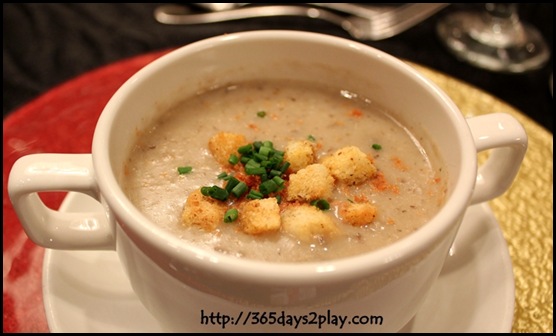 Rendezvous Hotel - Cream of wild mushroom soup topped with crispy turkey bacon