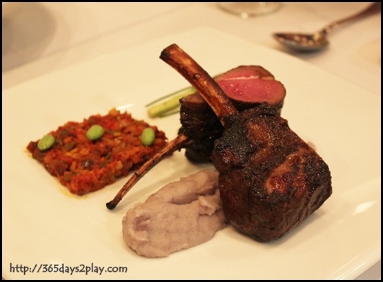 Halia - Roasted New Zealand rack of lamb marinated in Javanese spice, with ratatouille, purple potato puree and lamb jus