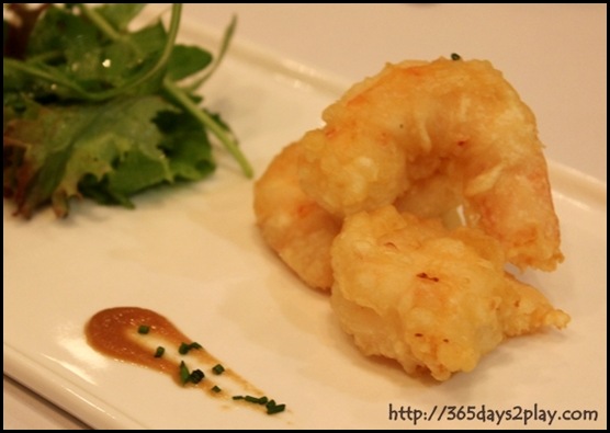 Halia - Tempura of white prawn, salad leaves with light lemon vinaigrette, baby shiso, beetroot and celeriac reduction