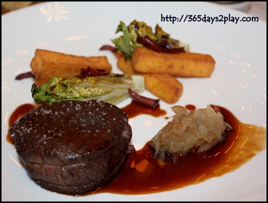 Brasserie Les Saveurs - Roasted Beef Tenderloin, polenta sticks, sucrine salad, tomatoes and olives, red wine sauce (4)