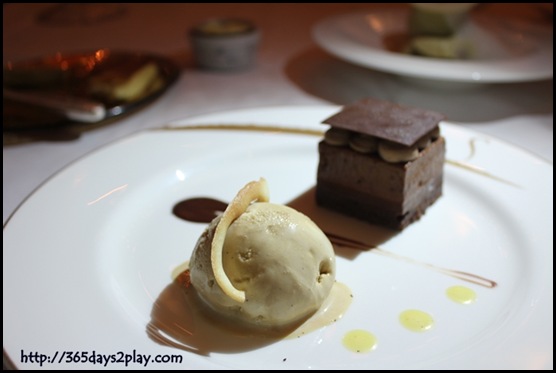 Brasserie Les Saveurs - Trio of chocolate mousse with coffee ice-cream and pepper anglaise sauce (2)