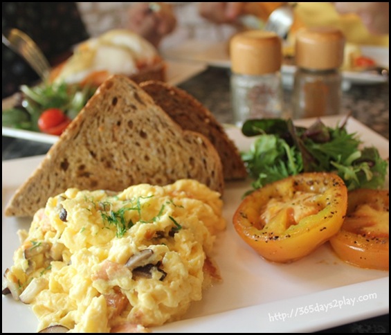 Chock Full of Beans - Scrambled Eggs with mushrooms, swiss cheese and smoked salmon