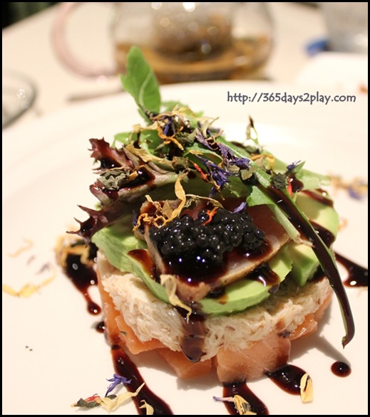 Covelli Italian Bistro - Antipasto Fruitti di Mare (Tataki Tuna, cured Salmon, Crabmeat and Avocado topped with Avruga Caviar & Balsamic Reduction) (2)