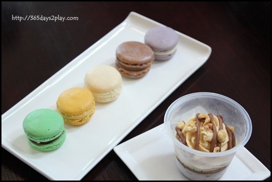 Supertree Dining Canele Patisserie Chocolaterie - Limited Edition Summer Macarons  $2.50 per piece and Chocolate Caramel Ice Cream topped with hazelnuts $3