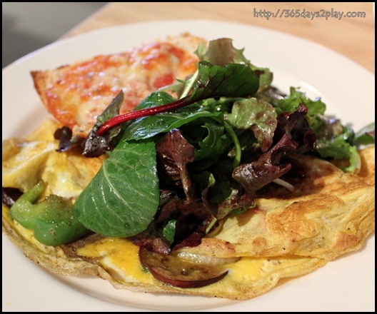 Real Food - Veggie Omelette with assorted vegetables, pineapple and mushroom with a melted cheese toast and a side of fresh green salad $8 (2)