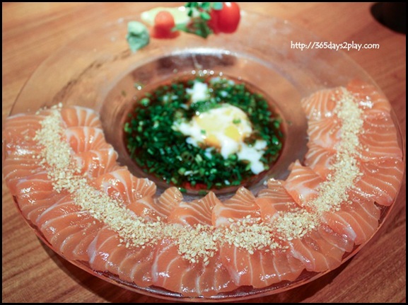 Sun Dining - Sun Goma Salmon (Sliced salmon sashimi served with special soya sauce dip and soft-boiled egg) (2)