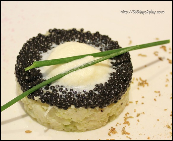 Oso Ristorante - Warm cauliflower timbale with avruga herring caviar in dill dressing sauce