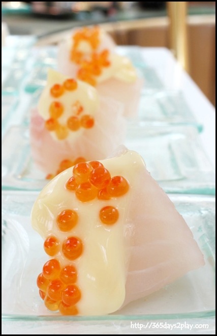 Ritz Carlton Chihuly Lounge Winter Afternoon Tea - Shiromi Sushi topped with Japanese Mayonnaise and Salmon Roe