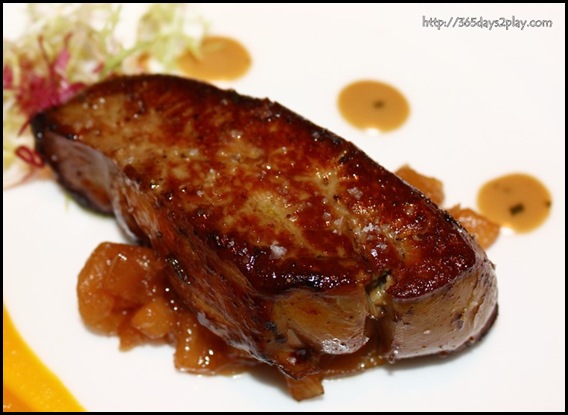 St Regis Brasserie Les Saveurs -Pan Seared Foie gras, butter squash puree, apple and celeriac chutney, duck vinaigrette