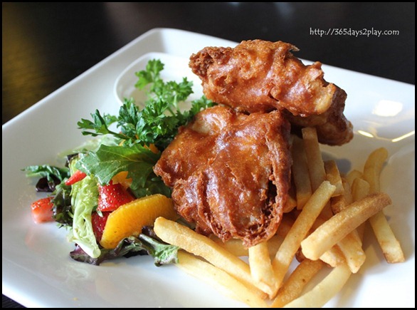 STREET 50 - Cod & Chips (Fresh cod deep-fried in beer batter served with a fruit salad, fries and tartar sauce) $18 (2)