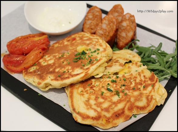 The Big Sheila - Corn fritters with roasted roma toms rocket, yoghurt and chorizo $20 (5)