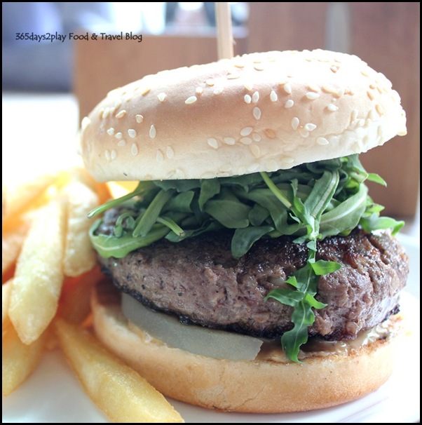 Relish @ Cluny Court - Blue Cheese & William Pear Beef Burger with walnut peanut butter, blue auvergne, arugla, poached pear $21.90