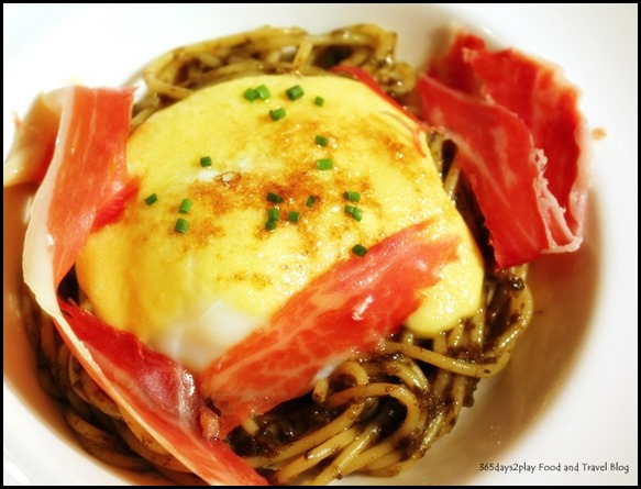 Sous Vide Egg & Spaghettini - soft poached egg, spaghettini in truffle salsa, iberico ham, truffle hollandaise ($18  )