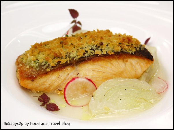 Zafferano - Salmone Scozzese arrosto (Herb crust roasted salmon served with fennel confit, turnips and lemongrass infusion) $365