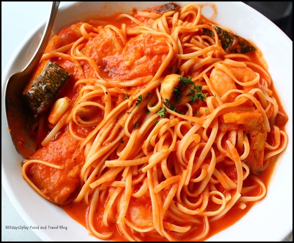 The Garden Slug - Juicy Shrimp and Roast Pumpkin Pasta with whole oven-roasted garlic cloves $14.90