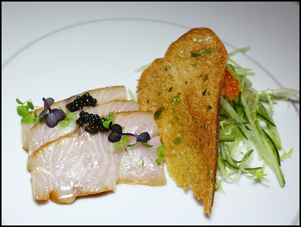 Absinthe Restaurant Francais - Hamachi (Carpaccio of Marinated Yellow Tail Kingfish, Aquitaine Caviar, Cucumber and Baby Cress; $26  ) (2)