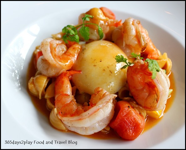 Au Jardin - Prawn a la plancha, egg confit, shell pasta and seasonal vegetables in shellfish glaze (2)