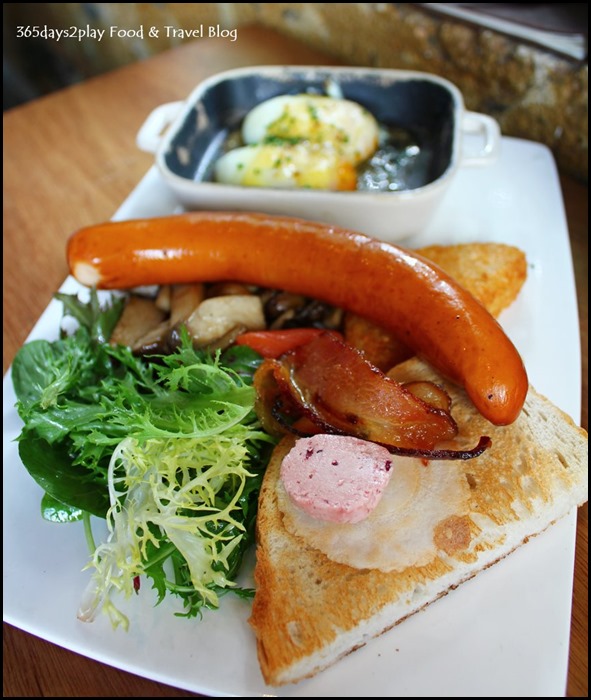 Symmetry Cafe - Big Breakfast (2 eggs of choice, maple-glazed bacons, smoked salmon, chicken cheese sausage, saute mushrooms, mesclun, jam & toast) $24 (1)