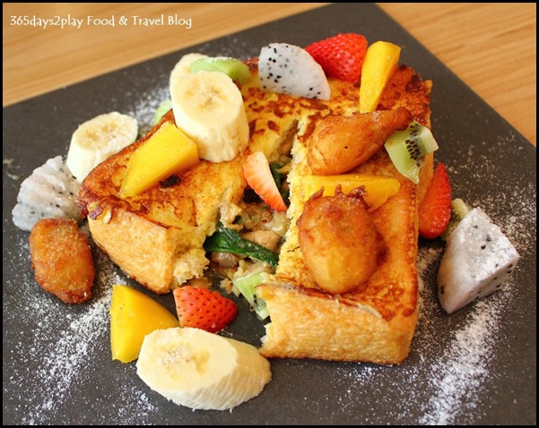 The Missing Pan - French Toast Salpicon - Chicken, spinach and mushrooms stuffed in French toast, banana nuggets, mixed berries, strawberry-smoked maple syrup ($19  ) (1)