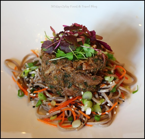 Halia at Raffles - Oriental pulled duck, Gherkin, caper, micro herb salad, soba noodle, sesame oil