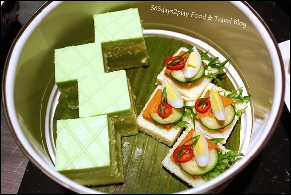 Pan Pacific Peranakan Afternoon Tea Set  - Open-Face Otak Sandwich with Quail Egg and Traditional Pandan Cake