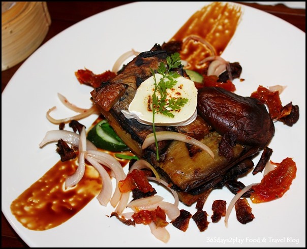 Seasons Bistro - Chargrilled Mushrooms Stack ($20  ) - Eggplant, cucumbers, salsa verde, tomatoes, herbed potatoes, goats cheese and spinach with maple balsamic reduction and artichokes