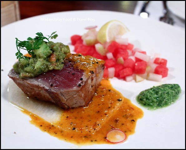 Seasons Bistro - Seared Albacore Tuna ($26  ) - Asian pear, avocado, jicama, watermelon with chipotle mojo and salsa verde