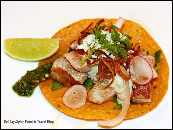 Seasons Bistro-     Seared Yellowtail Tuna Taco ($14  ) - Avocado mayonnaise, pickled onions, crispy shallots, cotija cheese and cilantro jalapeno watercress salad on tortilla shell