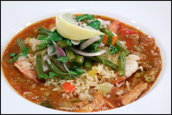 Seasons Bistro - Surf & Turf Gumbo ($27  ) - Shrimp, chicken, sausage, okra tomato stew with dirty rice, pickled onion, cilantro, chow chow relish & french bean salad