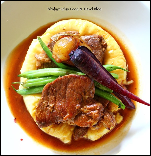 Mavises' Kitchen - Roast Pork Collar with dutch cream potato mash, caramelised onion, purple carrots, green beans and pork jus $28.5