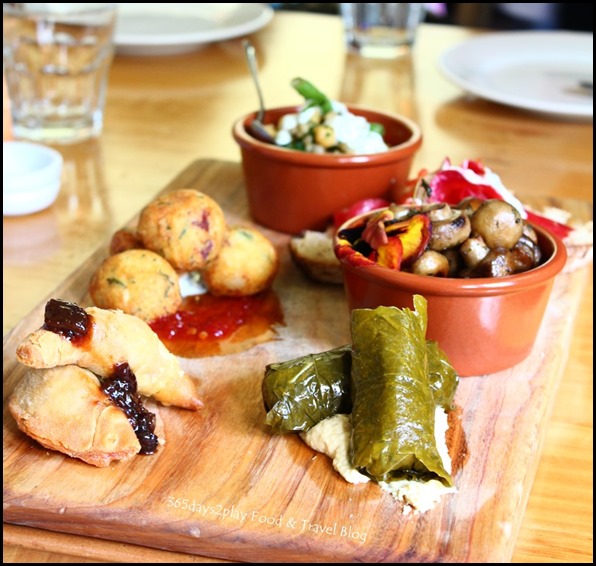 Mavises' Kitchen - Tasting Plate (Empanada w pork & sage, salted cod, choriso & potato dumpling, mushroom, stuffed vine leaves w hummus $13.50 (2)