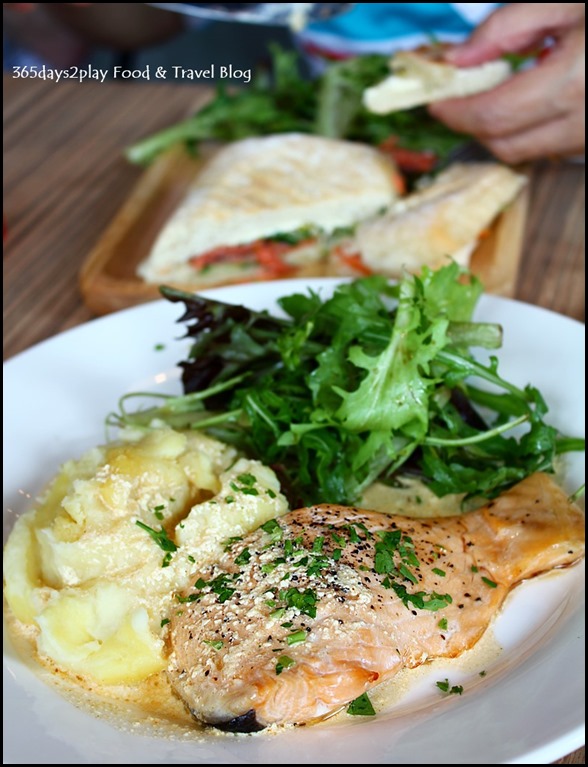 Refuel Cafe - Baked Salmon fillet with mash potatoes, creamy spicy sauce & salad $13.50