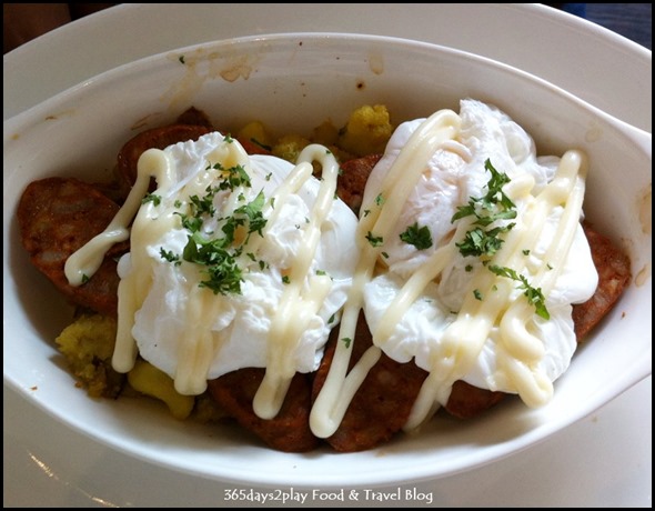 Roosevelt Cafe - Eggs Roosevelt (Poached egg, chorizo, lemon garlic mayo, smashed potato) $17