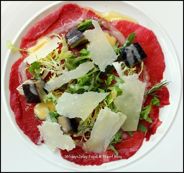 Zafferano - Carpaccio of wagyu beef, portobello mushroom salad, parmesan cheese and mustard dressing (1)