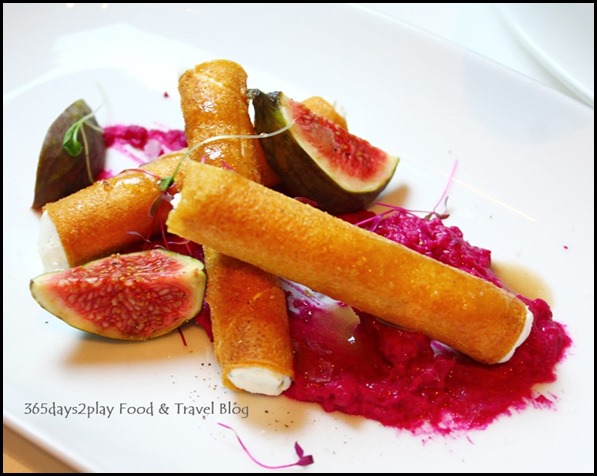 Salt Grill New Year's Eve Menu - Cigar of whipped goats cheese, beetroot hummus, fig