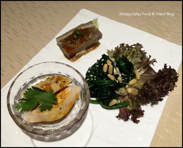 9Goubuli - Appetisers of Shanghainese style drunken chicken, pork terrine and spinach with pine nuts