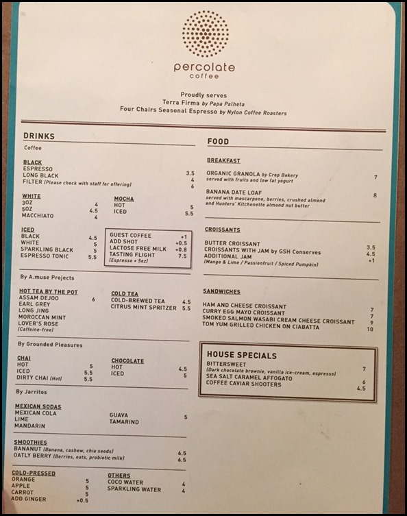 Percolate Coffee and Food Menu