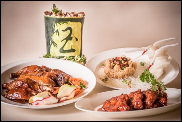 Group Shot- Double boiled winter melon soup, Roast Chicken, Kung Pao Chicken with Cashew Nuts served in Buddha's Bowl, Pork King Ribs