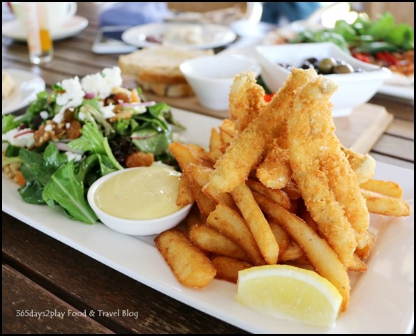 Olio Bello Cafe - Augusta crumbed whiting, salad and beer battered chips $27 (1)