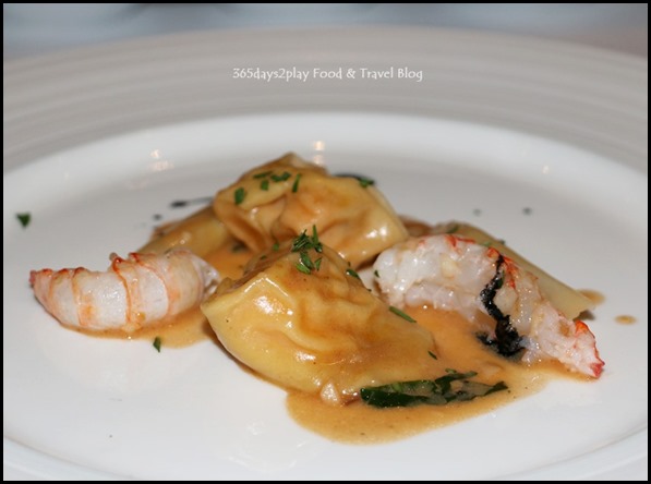 Marriott Pool Grill - Lobster ravioli, langoustine, white asparagus, squid ink sauce