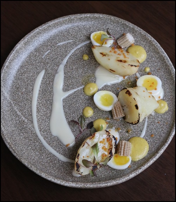 Bridge - Jerusalem artichoke and kombu buttermilk (Pickled baby corn, smoked quail egg, andalusian cream)  $18