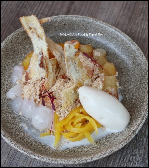 Bridge - Native Fruits of Singapore (Local fruits, culture cream, almond crumbs, okinawa organic tofu gelato, smoked granny smith juice) $18