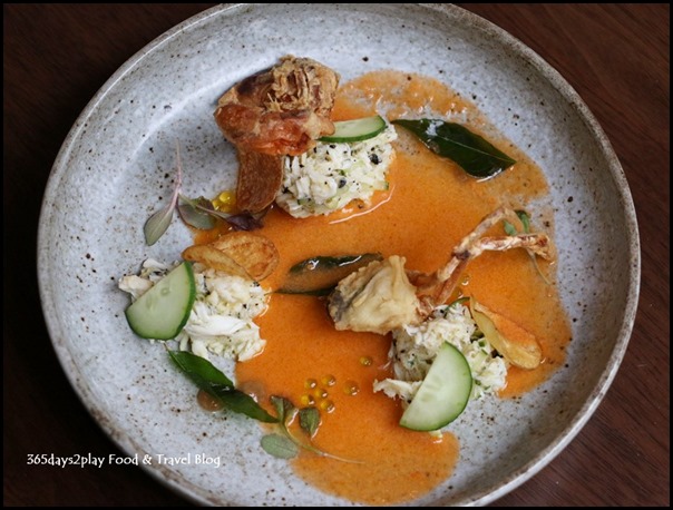 Bridge - Textures of Crab (Umami gazpacho, potato crisps, black garlic droplets) $20