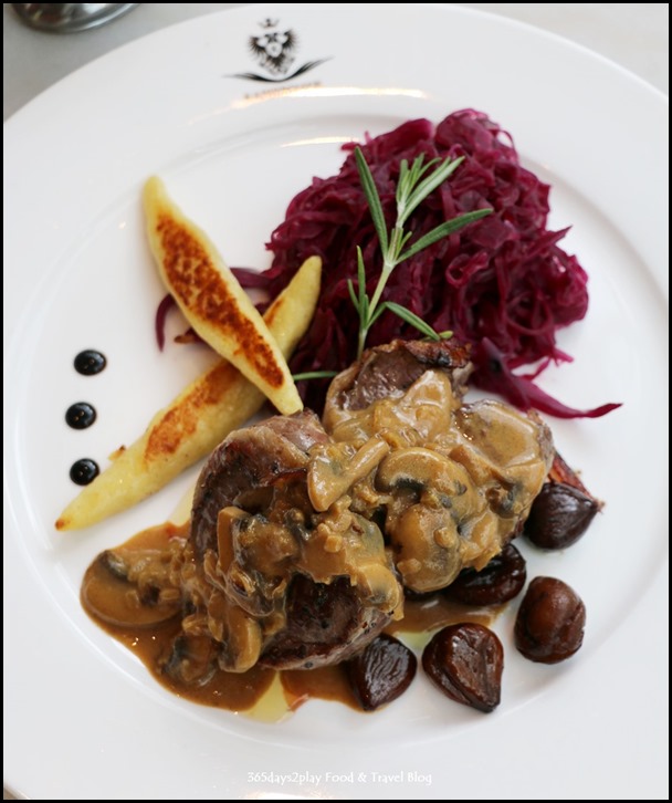 Kaiserhaus - Hirschsteak (Venison Steak loin wrapped with bacon served with schupfnudeln, apple red cabbage and caramelized chestnuts) $42 (1)