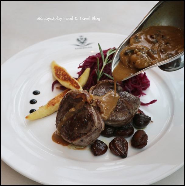 Kaiserhaus - Hirschsteak (Venison Steak loin wrapped with bacon served with schupfnudeln, apple red cabbage and caramelized chestnuts) $42 (4)