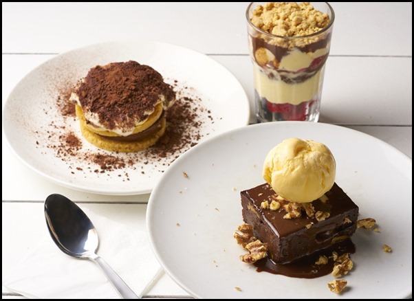 Dessert Group Shot - Salted Caramel Brownie with Ice Cream, Banana and Chocolate Pie and Forest Berries and Cream Cheese Trifle