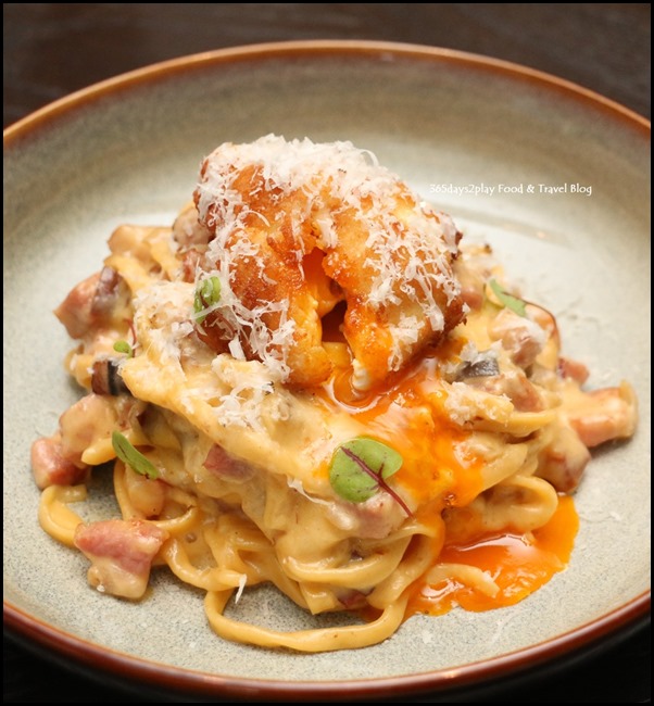 The Disgruntled Brasserie - Carbonara Taglierini (Streaky back bacon, farmer's smoked bacon, kurobuta ham, parmigiano reggiano crusted egg) $24   (2)