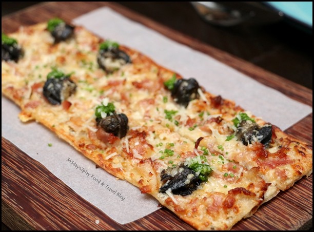 The Disgruntled Brasserie - Escargot Tarte Flambee (Lardon, onions, creme fraiche, persillade) $16  